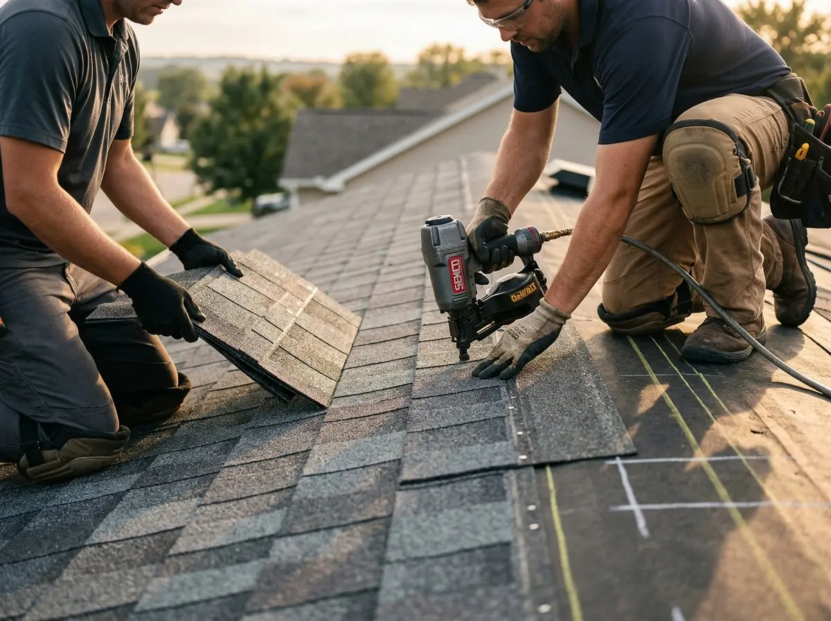 Professional roofer working on a residential roof in Highlands Ranch